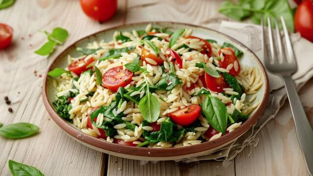 Orzo Salad with Tomatoes and Spinach on a Rustic Wooden Table