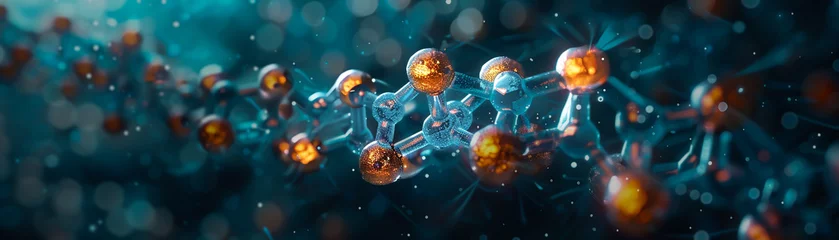 Fotobehang A blue and orange line of molecules. The image is of a scientific experiment © PPstock