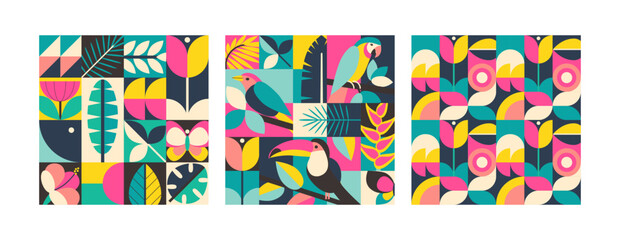 Set of three vector summer seamless patterns assembled from squares with natural elements, birds, flowers and geometric ornaments.