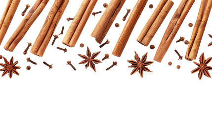An aromatic array of cinnamon sticks, star anise, and cloves on a white background, capturing the essence of spices. - obrazy, fototapety, plakaty