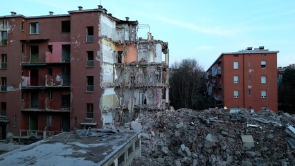 Italy, Milan 03-13-2024 demolition of the Aler public buildings and urban redevelopment project of the Lorenteggio Giambellino suburbs via Segneri drone aerial view 