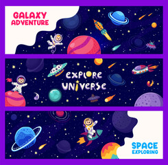 Kid astronauts banners. Space adventure, astronomy research or galaxy discovery cartoon vector background. Cosmos travel posters or banners with child cosmonaut character, rockets and space planets
