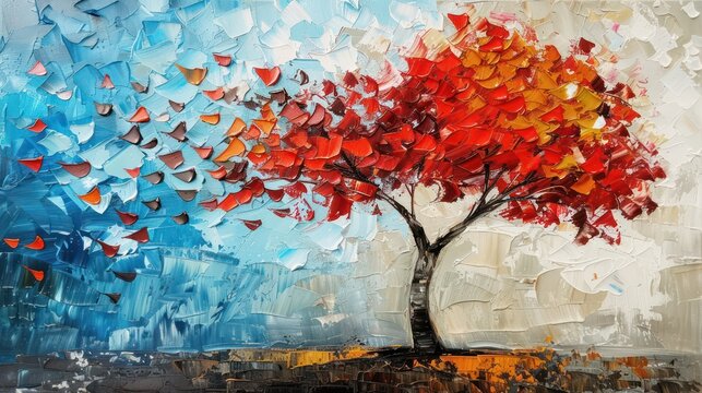 An abstract, vibrant tree painting with a flurry of colorful, textured strokes depicting seasons changing from winter to autumn