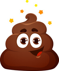 Cartoon poop emoji with gold stars. Funny poo excrement vector character or brown toilet shit emoticon with happy smile and eyes. Stinky pile of dog crap, cheerful poop personage, joyful stool emoji - 761476553