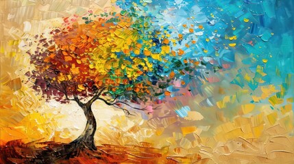 Vibrant and textured oil painting featuring a tree with multicolored leaves, symbolizing the change of seasons and the beauty of nature