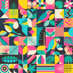 Vector summer seamless pattern assembled from squares with natural elements, birds, flowers and geometric ornaments. Vector endless background in modern style - 761476594
