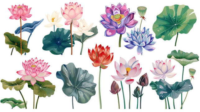 A set of vibrant, detailed illustrations of lotus flowers and leaves, showcasing a variety of colors and stages of bloom. Clipart on transparent background.