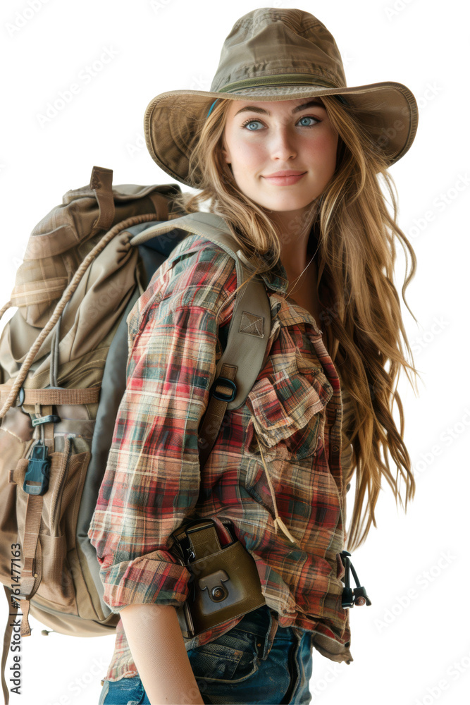 Wall mural young woman with a large hiking backpack, ready for adventure and exploration.