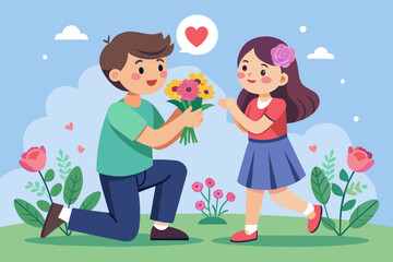 a-boy-is-proposing-to-a-girl-with-flowers-water-color vector design.