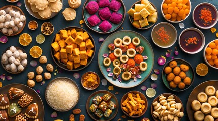 Flat lay of Diwali sweets and snacks colorful arrangement on a festive background minimal shadows