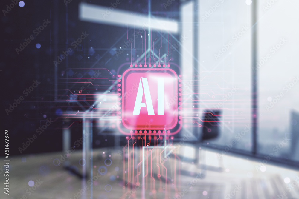 Poster creative artificial intelligence symbol concept and modern desktop with pc on background. double exp