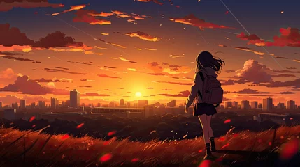 Foto op Plexiglas illustration of a school girl standing on the grass looking at the city with a sunset, anime scene © Tikka MS