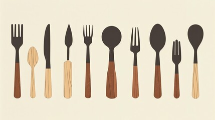 Wooden Cutlery Illustration Create an illustration featuring a set of ecofriendly wooden cutlery minimal illustrations flat design
