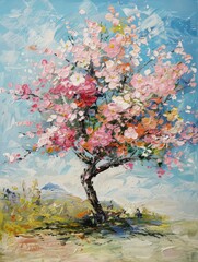 This image portrays a colorful tree in full bloom, with butterflies fluttering around, set against a clear, blue sky and serene landscape It evokes feelings of renewal and beauty