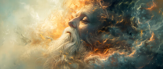 A tranquil elderly face blending with the cosmic clouds, symbolizing wisdom