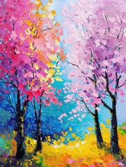 Vivid and textural oil painting showcasing trees in bright hues representing change of seasons Brushstrokes create a lively, dynamic effect