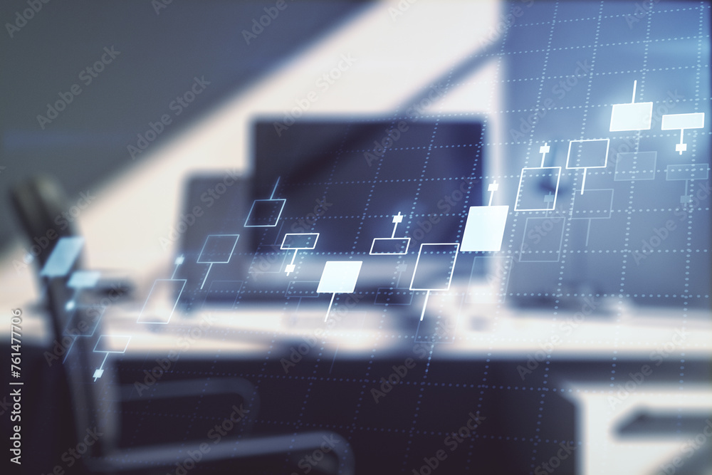 Poster multi exposure of abstract creative financial graph and modern desktop with computer on background, 
