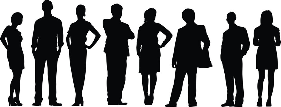 Vector silhouettes of men and a women, a group of standing and walking business people, black color with white background