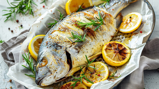 Delicious baked dorada sea bream fish with lemons garnished with fresh herbs on a plate