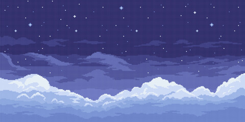8bit pixel art night sky background, game space landscape features a dark blue canvas with scattered stars, creating a nostalgic, retro atmosphere. Vector parallax 2d heavenly gui location, wallpaper - obrazy, fototapety, plakaty
