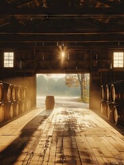 Golden Sunrise Streaming into a Rustic Barn with Rows of Wooden Barrels Bourbon Rickhouse