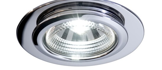 An automobile headlamp, resembling a circle, emitting a bright white light from a ceiling light fixture, showcasing automotive lighting design