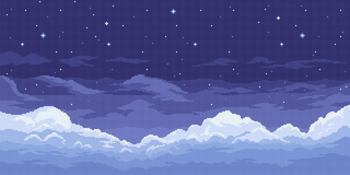 8bit pixel art night sky background, game space landscape features a dark blue canvas with scattered stars, creating a nostalgic, retro atmosphere. Vector parallax 2d heavenly gui location, wallpaper