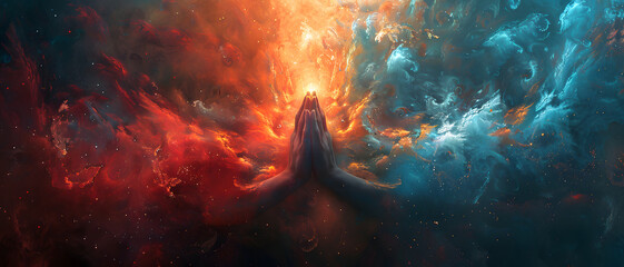 Two hands come together against a backdrop of swirling cosmic energy in red and blue hues - obrazy, fototapety, plakaty