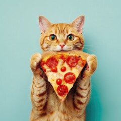 cute orange cat holding a very large pizza in her hands on the mint background
