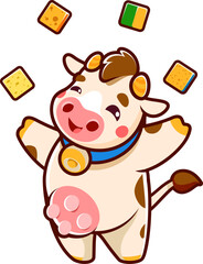 Fototapeta premium Cute cow cartoon character juggling pieces of cheese. Ox comic personage, bull baby mascot or cattle animal funny isolated vector character. Cow happy personage or or mascot playing with dairy product