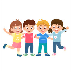 Group of multicultural happy children smile and wave their hands. Funny cartoon kids character. Flat vector illustration isolated on white background.