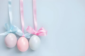 Delicate pastel Easter eggs dangle from ribbons, tied with elegant bows against a serene backdrop, embodying the graceful essence of the holiday's cherished traditions. - obrazy, fototapety, plakaty