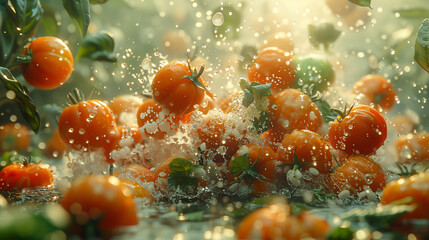 A bunch of oranges and tomatoes are falling into a pool of water and some are splashing water. The scene is lively and playful.