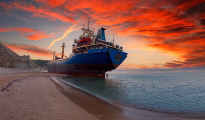 A ship washed ashore, photographed day and night