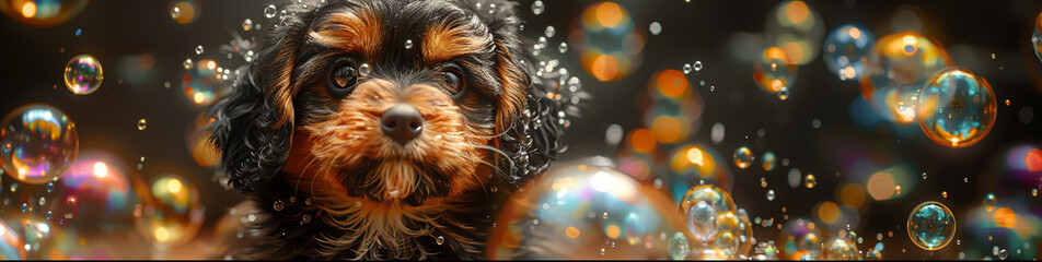 Puppy and bubble interaction, close-up shot, conveying a sense of wonder. - obrazy, fototapety, plakaty