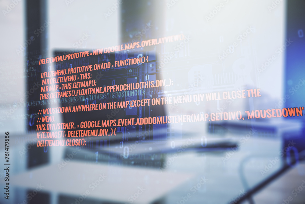 Poster Multi exposure of abstract programming language hologram on computer background, artificial intelligence and machine learning concept