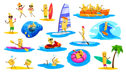 Cartoon cheerful pasta characters on summer beach vacation and sports. Ditalini, fusilli, orecchiette, quadretti and fagottini. Tagliatelle and tortiglioni, bucatini and eliche, lasagna