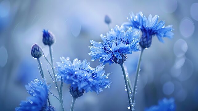Delicate flowers on a tinted soft blue outdoor close-up. Spring summer floral background. Light air, gentle artistic image, free space.