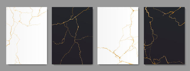 Golden Kintsugi cracks and floor marble tile texture patterns, vector backgrounds. Broken marble with gold foil effect of crackles in black and white stone, Kintsugi or Kintsukuroi ceramic cracks art - 761479718