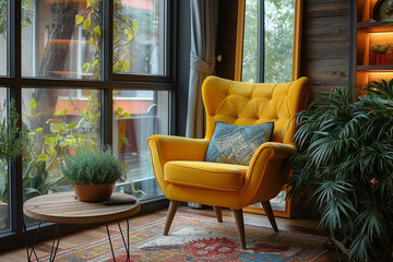 Yellow armchair near the coffee table by the window, interior design of a modern living room in boho style