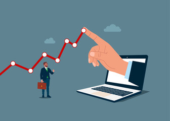Computer manages financial growth graph. Flat vector illustration
