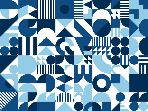 Abstract modern blue marine geometric pattern. Vector mosaic tile background, features bold shapes and elements in colors of ocean waves, creating a dynamic and soothing contemporary aesthetics design