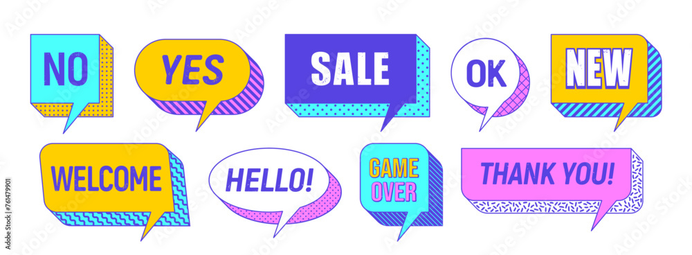 Fototapete Memphis speech bubbles and message box cloud frames, vector stickers and labels. Chat speech bubbles with Memphis shapes and geometric pattern for Sale, Game Over or Hello and Thank You message clouds