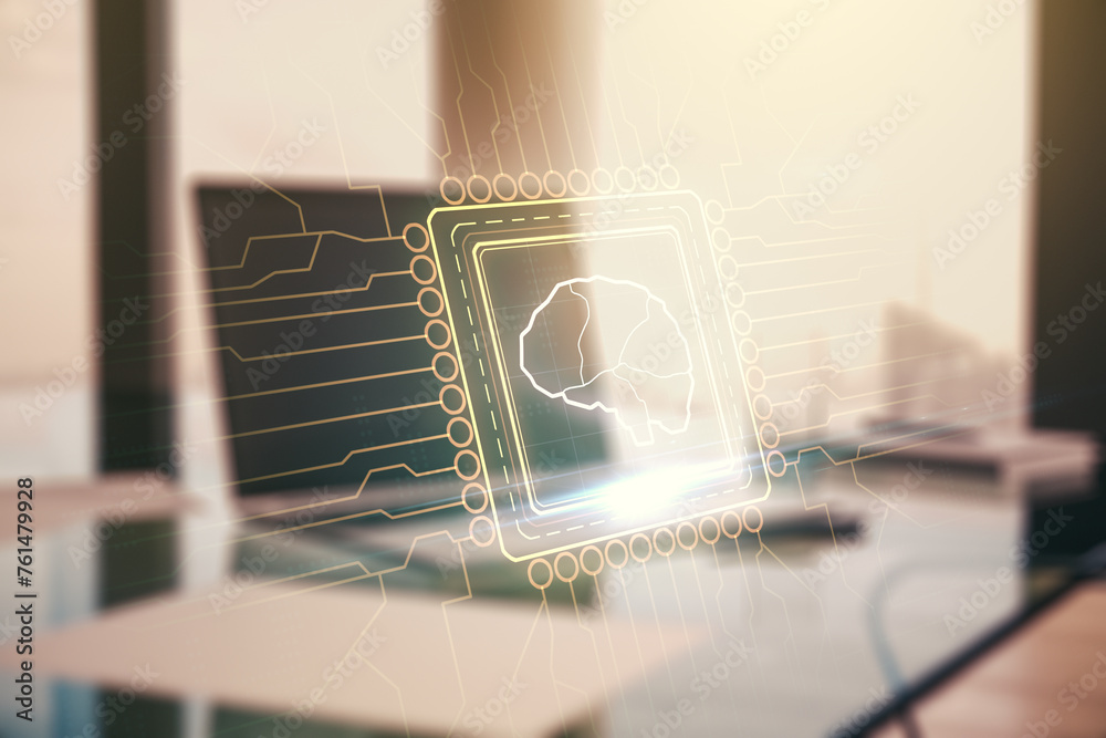 Leinwandbilder double exposure of creative artificial intelligence symbol with modern laptop on background. neural 