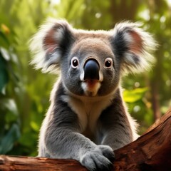 koala on a tree branch among green leaves.