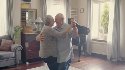 photo Romantic senior family couple wife and husband dancing to music together in living room