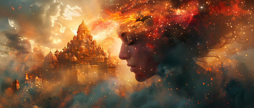 A majestic fantasy castle emerges from a vibrant cosmic cloudscape filled with stars, nebulas, and ethereal lights