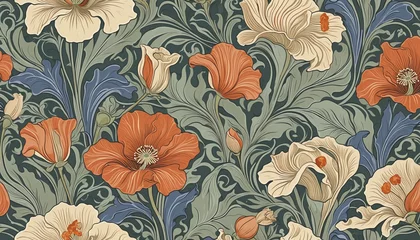 Zelfklevend Fotobehang Vintage floral   pattern inspired by Art Nouveau, featuring sinuous lines and graceful poppies and irises in muted, earthy tones © Fukurou
