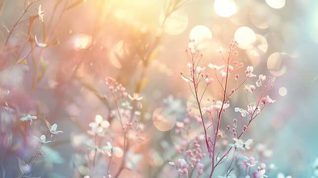 Delicate branches flowers on a toned soft blue and pink background outdoors close up. Spring summer floral background. Light air, gentle artistic image, free space.