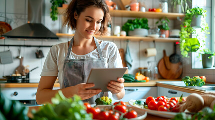 Beautiful woman in an apron preparing a healthy meal in the home kitchen, using a digital tablet, looking at recipes or a culinary blog and smiling